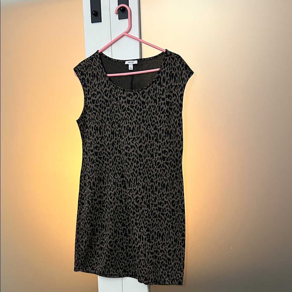 Nine West Black and Brown Leopard Print Knit Mini Dress Cap Sleeves L